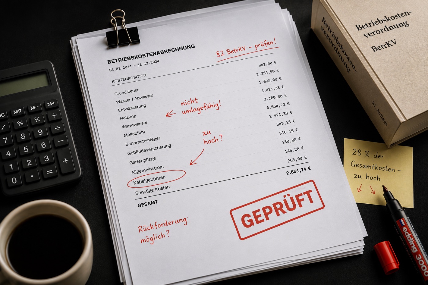 Geprüfte Betriebskostenabrechnung mit roten Markierungen und GEPRÜFT-Stempel