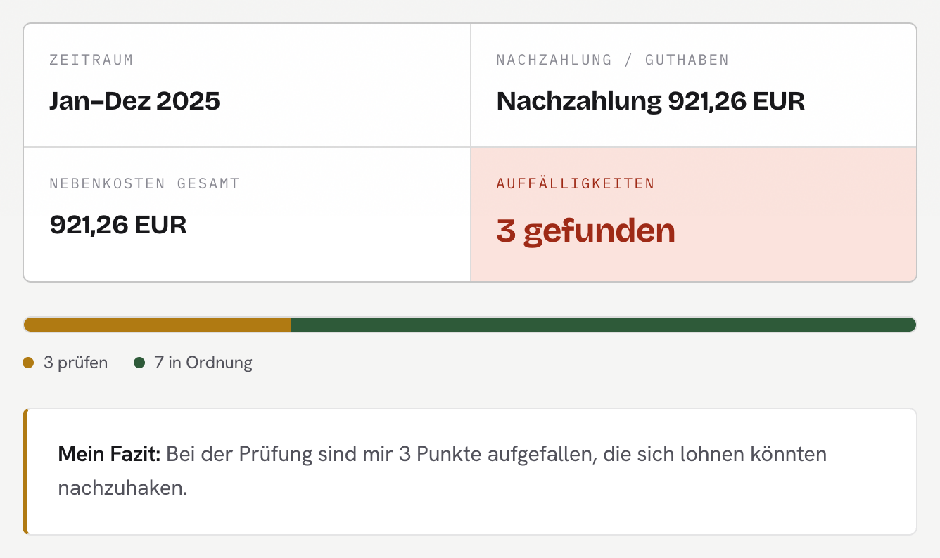 Echter Prüfbericht von Mietchecker: Fazit, Einsparpotenzial und markierte Auffälligkeiten einer Nebenkostenabrechnung